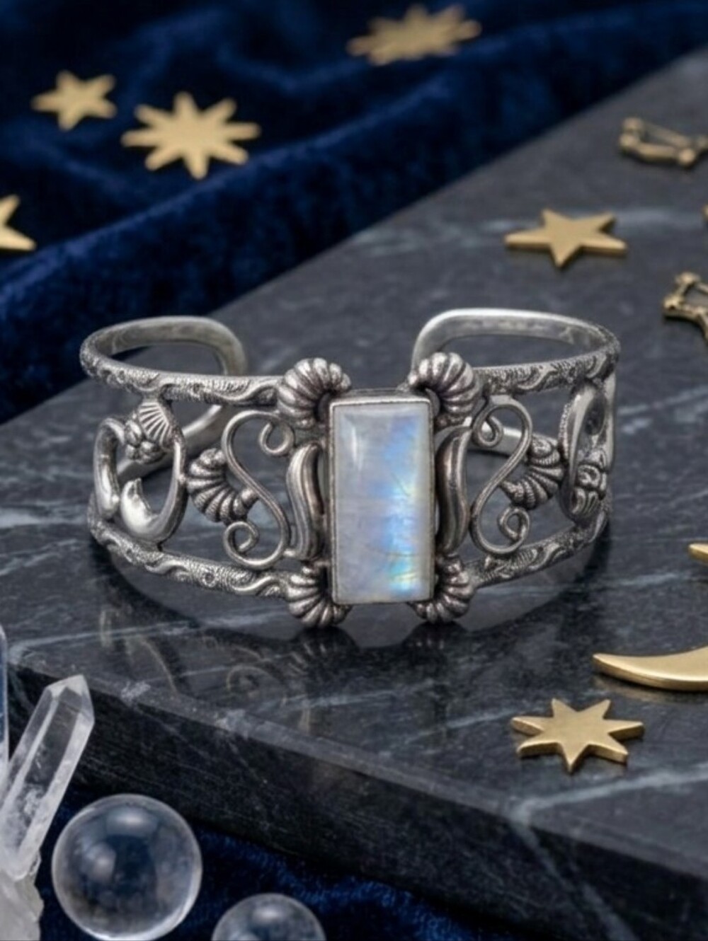 925 Sterling Silver Rainbow Moonstone Filigree Cuff Bracelet Iridescent Bohemian - Picture 15 of 15